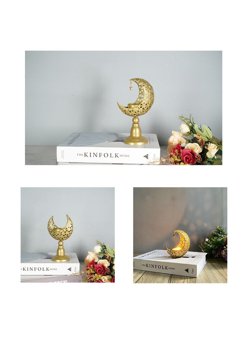 Eid Moon Candle Holder, Ramadan Hollowed Decoration Light Atmosphere Modeling Decor for Eid and al Adha Celebration, Home Table Party Ramadan Tabletop Lighting Decoration (Gold) - Image 3